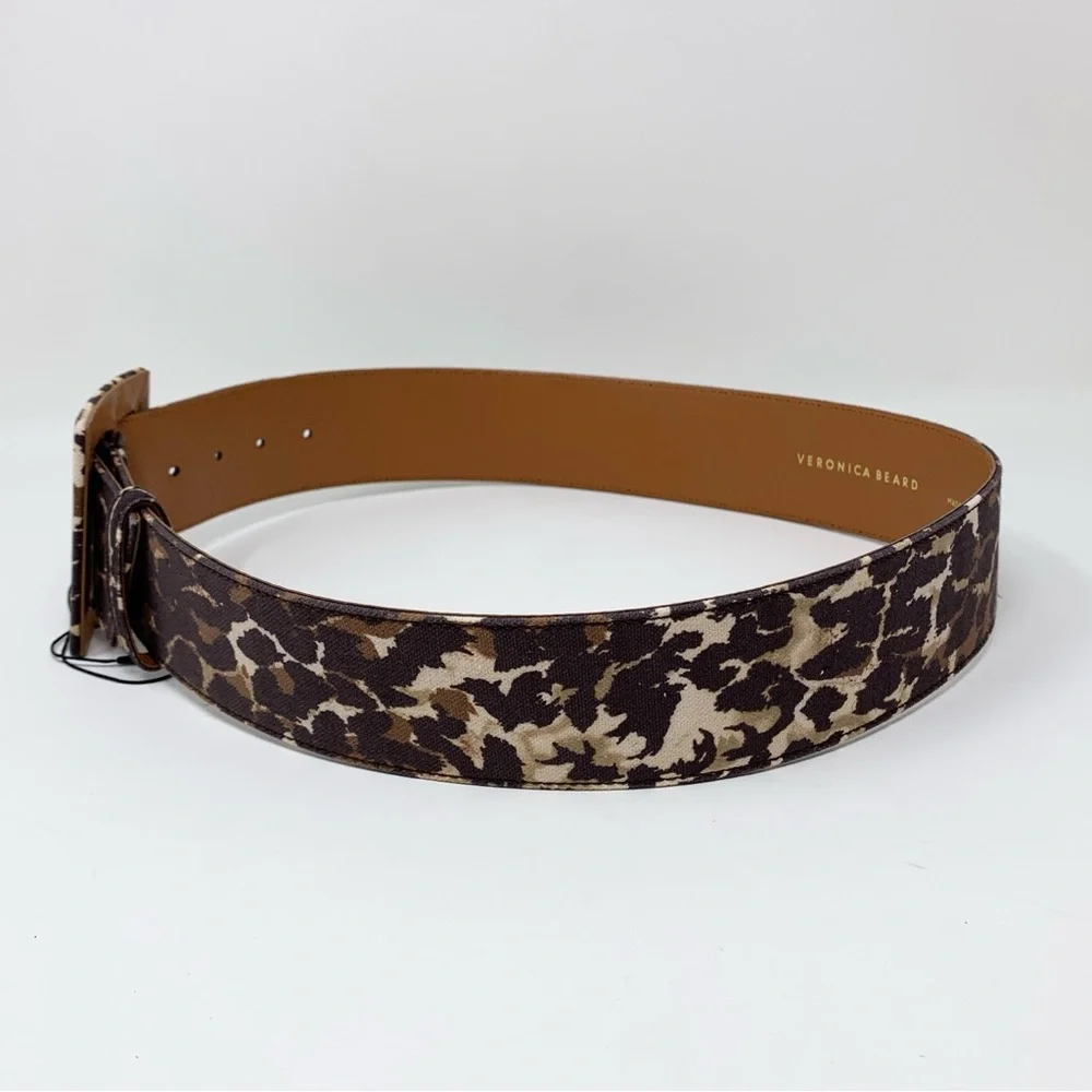 Veronica Beard Rickie Belt (Sz M) Wide Canvas Leather Leopard Print Brown Multi